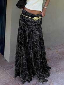 Vintage Cashew Flower Print Mesh Sheer Low Waist Draped Asymmetrical Hem Skirt Black Summer - Black - View 4