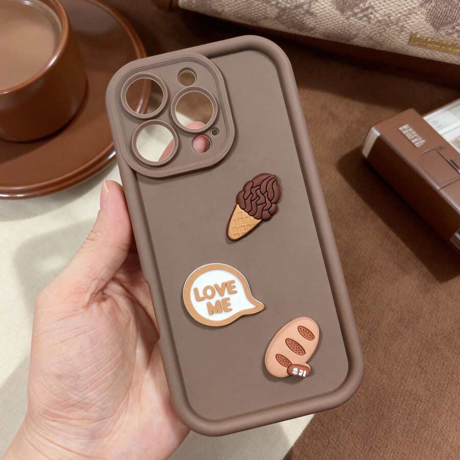 1个冰淇淋面包字母图案DIY加厚防震TPU保护壳，简约风格，兼容 17 Air/17 Pro Max/17 Pro/17/16/15/14/13/12、OPPO、vivo、Redmi等系列手机 - 棕色 - 查看 1
