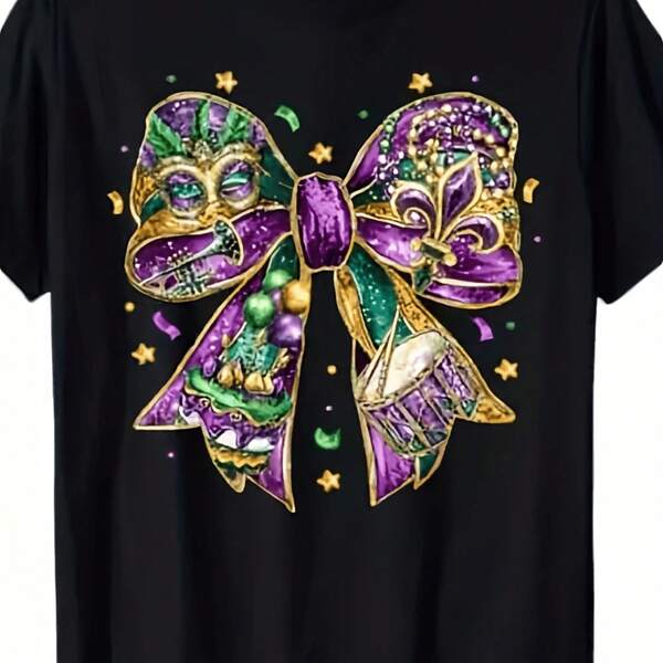 Mens Womens M*Ardi Gras Coquette Bow T-Shirt - New Orleans Tuesday Retro Graphic Tee With Playful Bow Accent Unisex Casua