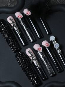 CrystalHola Valentine's Day 10 Pcs Handmade Press-On Nails, Square Long Nails, Y2K Color, Black And Pink Nail Base With Black Pom-Pom, 3D Flowers, Exquisite Accessories, Full Coverage, Removable And Reusable, Durable, Unique Summer Nail Art, A Must-Have Fashion Accessory For Parties And Weddings. Nail Supplies - Multicolor - View 10