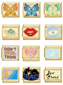 Joya de acero inoxidable dorado de moda y elegante para manualidades, con base metálica de patrones coloridos que incluye dijes de corazón, atardecer, mariposa y flor, ideal para hacer pulseras DIY, accesorio unisex, artesanía exquisita, regalo perfecto para la novia - Vistoso - Ver 9