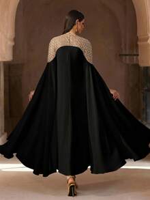 عباءة كفتان أنيقة بياضاء طويلة الأكمام، مزينة بخرز فاخر، عباءة طويلة فاخرة، كريمة ومناسبة، فستان نسائي بطراز عربي - الأسود - مشاهدة 2