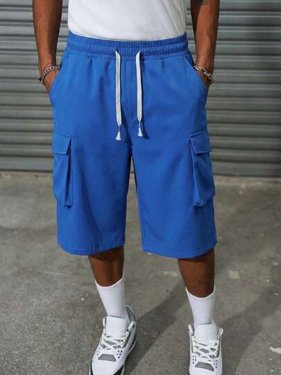 Pantalones capri casuales y deportivos de unicolor con cordón para hombres, atuendo diario de estilo urbano