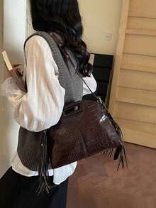 This Is A Stylish, Compact, And Chic Tassel Handbag, A Newly Designed, Personalized, And Multifunctional Women's Handbag With A Novel And Unique Design. It Is Versatile, Suitable For Casual Commuting, Shoulder Carrying, Or Crossbody Wear. - Coffee - View 5