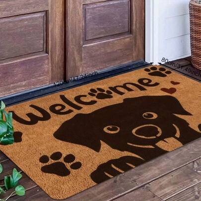1 stuk bruin tapijt met cartoonhond en letter 'Welkom'-patroon. Zacht, comfortabel, minimalistisch en wasbaar tapijt, geschikt voor naast het bed in de slaapkamer, naast de bank in de woonkamer, in de keuken, de wasruimte en de badkamer; deurmat, klein vloerkleed, welkomstmat, tapijt, vloermat, buitenmat, keukentapijt, woondecoratie, voordeurmat, klein vloerkleed, buitenmat, woondecoratie, vloerkleed, tuintapijt, wasbaar tapijt