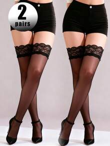 两双新款女士性感蕾丝高筒过膝长筒袜 – 透明黑色长筒袜，适合约会之夜和派对 - 黑色 - 查看 13