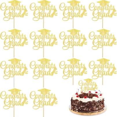 10pcs Glitter Graduation Cake Decorations, Shiny Graduation Cap Food Picks, Suitable For 2026 High School/University Graduation Theme Party Desserts, Fit For Graduation Ball Party Supplies