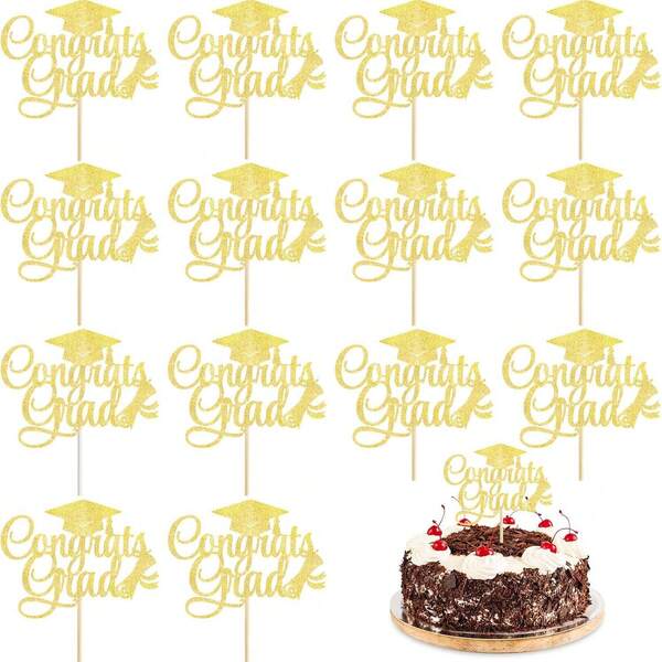 10pcs Glitter Graduation Cake Decorations, Shiny Graduation Cap Food Picks, Suitable For 2026 High School/University Graduation Theme Party Desserts, Fit For Graduation Ball Party Supplies
