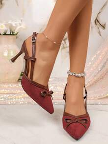 Giày sandal buộc nơ màu trơn, giày cao gót quai ngang kín mũi mới cho nữ mùa hè, giày cao gót mũi nhọn thời trang. - Đỏ - Xem 3
