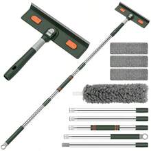 4-In-1 Window Squeegee For Home | Window Cleaning Kit With 3 Microfiber Cloths & Feather Dusters, Professional Tool For Outdoor Windows, Mirrors, Screens, Multi-Use Car Windshield Cleaning Tool With Long Handle, Plastic Material - Green - View 10
