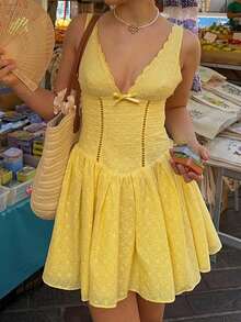 Doriss刺绣镂空收腰V领A字吊带连衣裙，适合舞会、节日、假日、晚宴、情人节、新年、优雅女士、海滩、感恩节、毕业典礼、音乐会等场合，夏季女装 - 黃色 - 查看 5