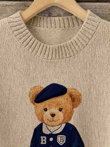 Nuevo Llegado de Primavera 2026 Suéter de Punto Casual con Cuello Redondo y Manga Larga con Estampado Gráfico de Oso, Estilo Universitario - Multicolor - Ver 5
