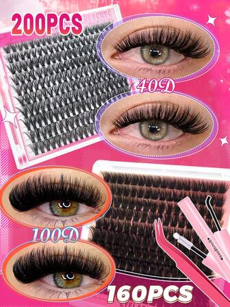 200PCS/160PCS Fluffy Lash Clusters 10-18mm, With Glue, Tweezers, Natural 3D Fluffy Effect Eyelash Clusters, D Curl Cluster Eyelash Extensions DIY At Home, Reusable, Lash Clusters,Eye Lash Clusters,Individual Eyelash Cluster, Single Eyelash, Eyelash, False Eyelash ﻿
