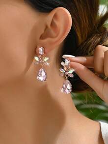 1 Đôi bông tai nữ hình giọt nước đính đá hoa nhiều màu sắc, thích hợp để đeo ngoài trời. - Hồng - Xem 4
