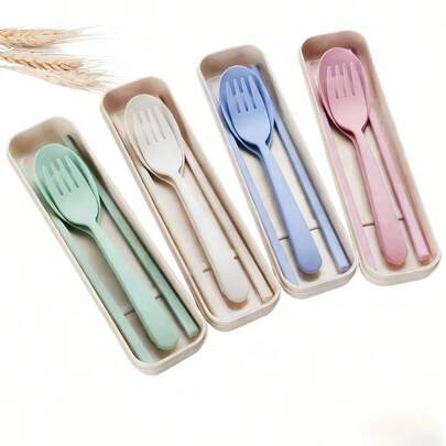 1/2/4 SetsTrendy Matte Striped Portable Cutlery Set - Reusable Spoon Fork With Storage Box, Camping Picnic Daily Kitchen Utensils, Lightweight Smooth Finish Utensils For Office Lunch, Back To School Supplies Christmas Gift Outdoor Party Essentials