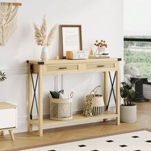 Mesa de entrada de granja con 2 cajones, mesa consola Rataan para entrada, mesa de sofá de madera para sala de estar, vestíbulo, pasillo - Camel - Ver 2