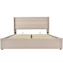 Storage Bed, Upholstered Bed, Hydraulic Double Bed 140x200cm, Wooden Slatted Base, Bed With Metal Slatted Base, Linen, Beige - Beige + Linen + 140cm*200cm - View 3