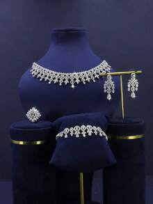 5pcs Luxury Royal Style Geometric Tassel Design Bridal Wedding Jewelry Set, Including Necklace, Bracelet, Earrings, Ring, Suitable For Daily Wedding Wear, Wedding Anniversary Gift (Comes In Gold Gift Box) - White - View 3