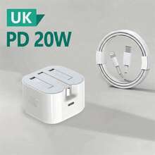 快速充電 純色 1-2 組 20W 快充充電器 英規插頭適配器 + 3.3FT/100cm USB-C 轉 Lightning 充電線，相容 14 13 12 Pro Max Plus 便攜充電套組 壁式充電器，高速旅行 PD 電源適配器 - 英規插(220-240V) - 查看 2