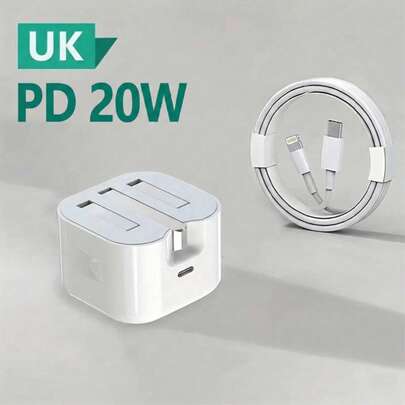 Fast Charging Plain Solid Color 1-2 Sets 20W Fast Charger UK Plug Adapter + 3.3FT/100cm USB-C To Lightning Cable, Compatible With IPhone 14 13 12 Pro Max Plus Portable Charging Kit Wall Charger Valentine's Day Gift