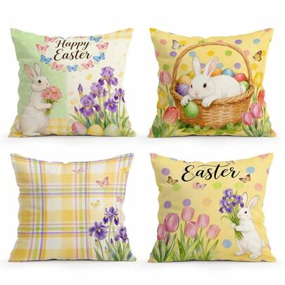 4pcs Easter Plaid Polka Dot Rabbit, Egg, Floral, Butterfly Pattern Pillow Cover, Single-Sided Printed Cushion Cover, Suitable For Living Room, Bedroom, Home Decor, All Seasons