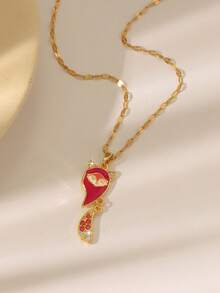 Couple's Fox Heart Pendant Necklace Set, Red Enamel Fully Studded Fox Tail Design, Valentine's Day Gift For Couples & Best Friends, Golden Jewelry - Multicolor - View 6