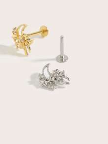 1件时尚可爱月亮、星星和蝴蝶结水钻不锈钢耳环，适合女性日常佩戴 - 彩色 - 查看 2