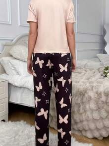 Teen GirlSummer Short Sleeve Top And Pants Set, Crew Neck Cartoon Rabbit Print Outfit - Pink - View 2