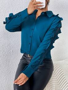 Áo kiểu tay dài cổ bẻ phối ren xếp nếp màu trơn thanh lịch, thích hợp cho mùa thu. - Màu xanh ngọc - Xem 3