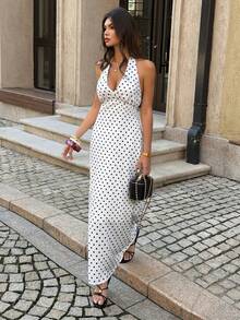 Unadoll Women's Summer Low Cut, Long Tie Neck, Backless, Zipper, Polka Dot Fabric Sexy And Elegant Dress, Suitable For Dates, Vacations, Parties, Dinners, Valentine's Day, Birthdays And Other Occasions - White - View 9