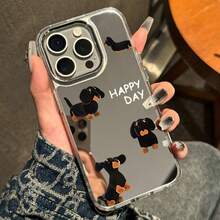 1pc Cartoon Dachshund Dog Mirror Phone Case - Compatible With Apple 17 Air, 16, 15, 14, 13, 12, 11, Pro Max, Plus - Silver - View 1
