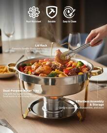5 QT Round Chafing Dish Food Warmer - Servidor Buffet de Acero Inoxidable con Tapa Transparente y Soporte de Combustible, Chafer de Oro para Boda, Fiesta, Restaurante Catering - Paquete de 4 - Ver 2