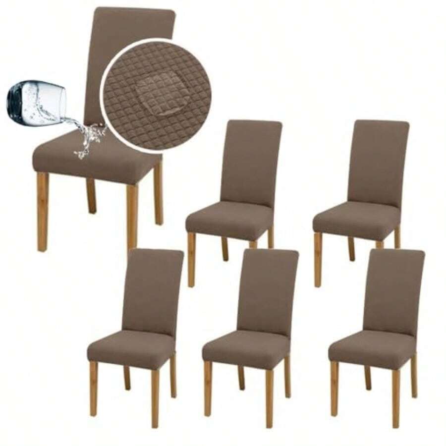 Melocotton 6 Fundas para sillas Fundas elásticas para sillas de Comedor Fundas Impermeables Lavables en Casa Paquete de 6 Fundas Kaki - Café ligero - Ver 1