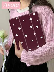 Ayotu 1pc Burgundy Red And White Heart Pattern Tablet Case & Kindle E-Book Case Compatible With IPad 10th Generation, IPad 11/Air 4th/Air 7th/9.7 Inches, Compatible With Samsung Galaxy Tab A9 Plus, Kindle (11th Generation-2024 Release)(6 Inch), Kindle Paperwhite 12th Gen 2024, Great Holiday Gift, Stylish And Simple Pattern. - Multicolor - View 3