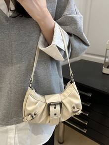 1pc Women's Vintage Riding Style Rivet Adjustable Strap Crossbody Bag, Large Capacity Soft Gradient Color Shoulder/Underarm Bag, Suitable For Work, Date, Party, Shopping, Wallet Storage, Suitable For Young Women, College Students, New White-Collar Workers, Office Workers. Very Suitable For Office, Campus, Work, Business, Commute, Outdoor Activities, Travel And Outings - Beige - View 3