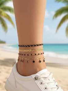 imoli 4 件/套独特合金 & 油滴三叶草 & 水钻 & 飞机吊坠链 & 编织绳脚链套装，情人节女士派对礼物 - 黑色 - 查看 9