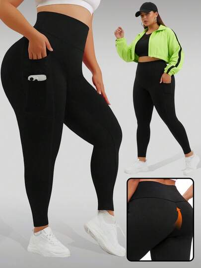 1pc Plus Size Casual Sports Yoga Pants, Outdoor Cropped Trousers With 4 Side Pockets, Double-Layer Waistband For Tummy Control, Suitable For Spring, Summer, Autumn, Winter