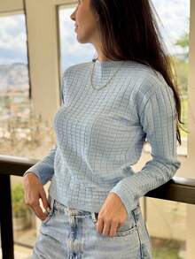 Long-Sleeved Modal Knit Blouse For Cold/Warm Winter. - 藍色 - 查看 2
