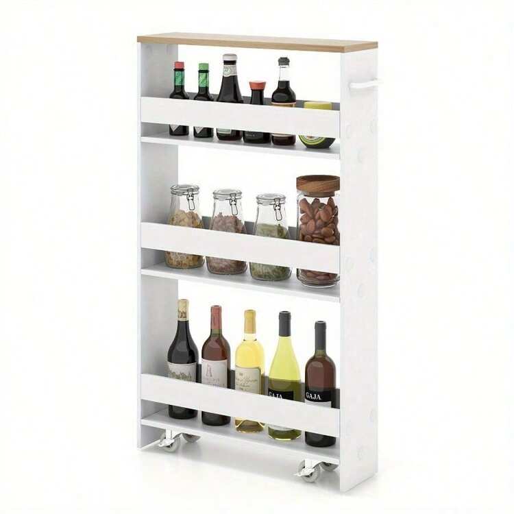Costway 3-Tier Slim Storage Cart Narrow Rolling Kitchen Serving Cart W/ Open Shelves - White - View 11