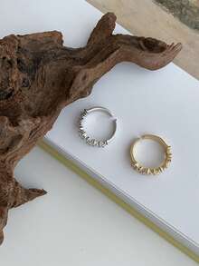 1pc Adjustable Bridal Party Ring, Gold/Silver Crossed Cubic Zirconia Double Row Rhinestone, Suitable For Wedding, Party, Casual Wear - Silver Ladder - View 4