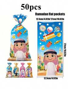 50pcs/100pcs Cute Cartoon Eid Mubarak Snack Bags, Fashionable New Middle Eastern Festival Candy Bags, Crescent Moon Castle Party Flat Bags, In Stock Candy Bags - Multicolor - View 10