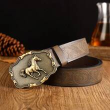 3.7cm Wide Unisex Western Horse Head Style Cowboy Belt Buckle, Smooth Buckle With Floral Print Perforated Round Holes - Khaki - View 6