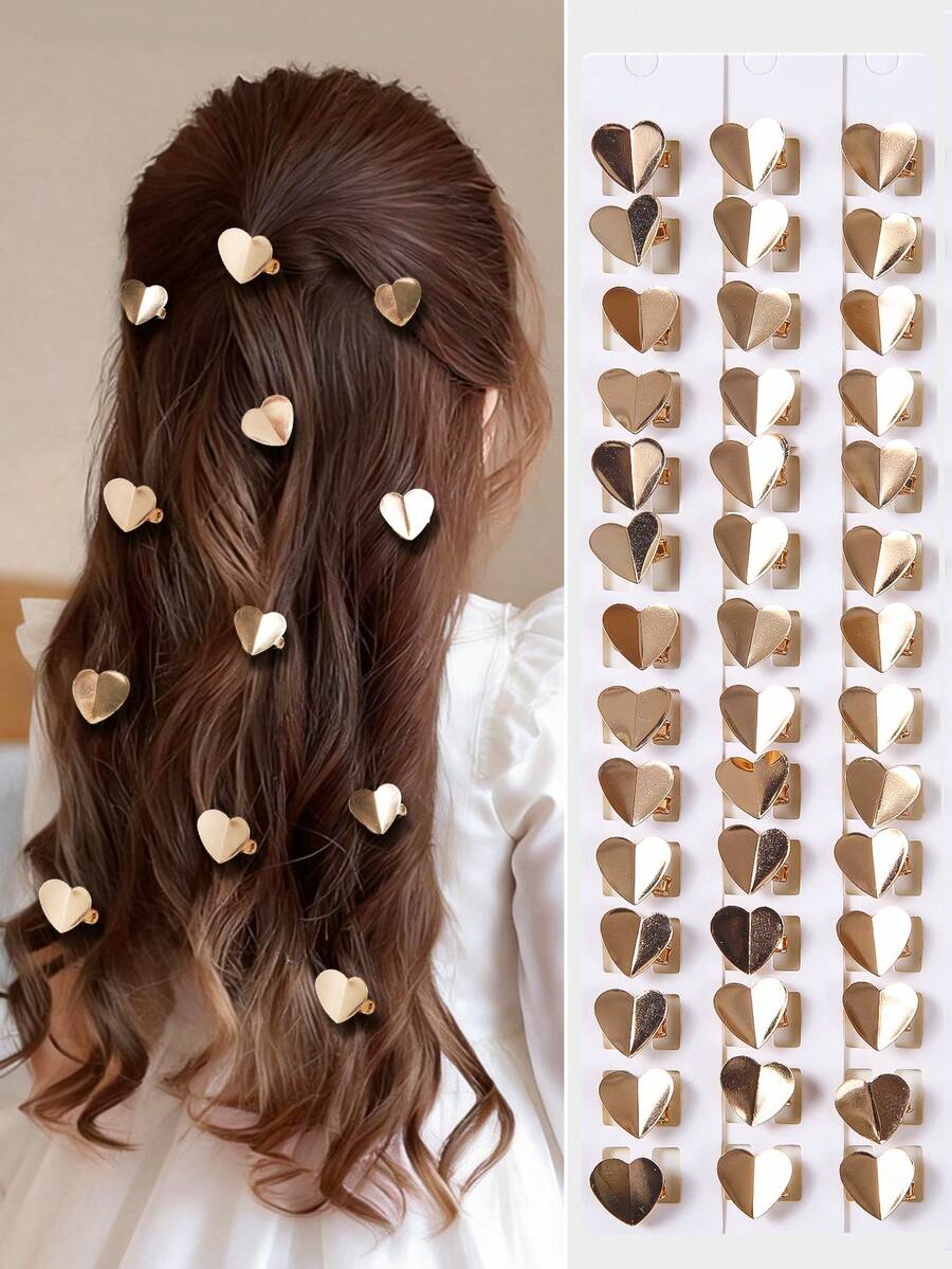 10pcs/Set Gold Heart Shaped Hair Clips, Cute Decorative Hair Accessories For Girls, Stylish Hairpins For Bangs And Hairstyles - Gold - View 1