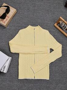 Women's Autumn/Winter Cable Long Sleeve Zip-Up Casual Knit Cardigan - Yellow - View 7