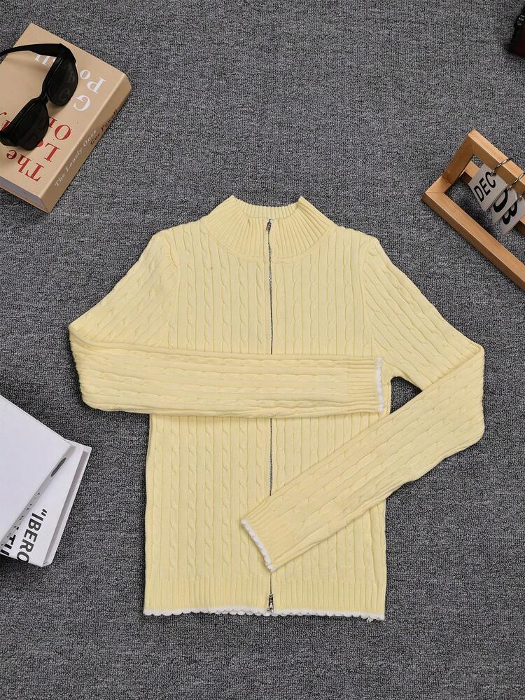 Women's Autumn/Winter Cable Long Sleeve Zip-Up Casual Knit Cardigan - Yellow - View 7