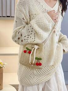 Túi đeo chéo vai họa tiết dâu tây thời trang mới, túi xách tay, túi công sở, túi xô dây rút, túi đeo vai họa tiết quả anh đào tối giản. - Màu Khaki - Xem 10