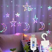 Star Moon Curtain String Lights,126 LED Romantic Star Moon Curtain String Lights With 8 Modes,Battery Powered (Not Included) String Night Lights - Multicolor - View 1