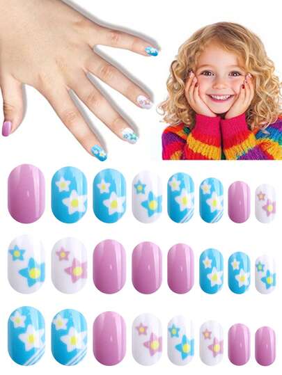 NAIO 24Pcs Press On Nails For Kids, 1 Pack Kid Fake Nail With Meteor Elements Pre-Glue Short Nail Stick On Nails, Great For Children Little Girl Birthday Gifts, Parties & Makeovers Decoration