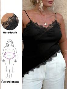 大码女士性感缎面纯色撞色蕾丝不对称下摆吊带背心，黑色上衣，性感女式衬衫，万圣节服装，派对服饰 - 黑色 - 查看 2