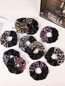 10pcs Elegant Leopard Print & Black Patchwork Scrunchies Hair Accessories For Women Hair Ties Ponytail Holder Scrunchy Hair Ties - Multicolor - View 5